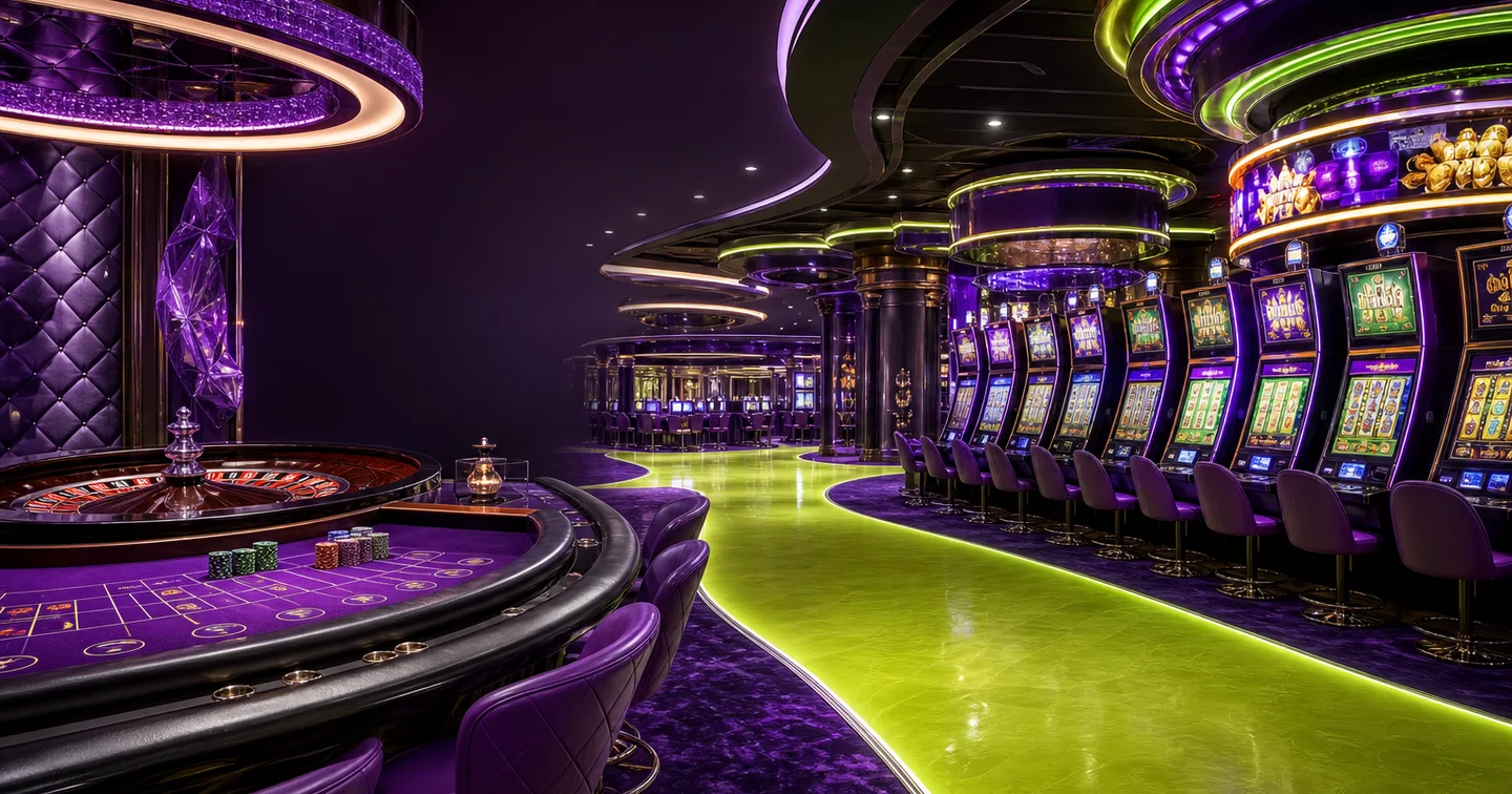 Violet and lime casino floor with slot cabinets, roulette and live table zones